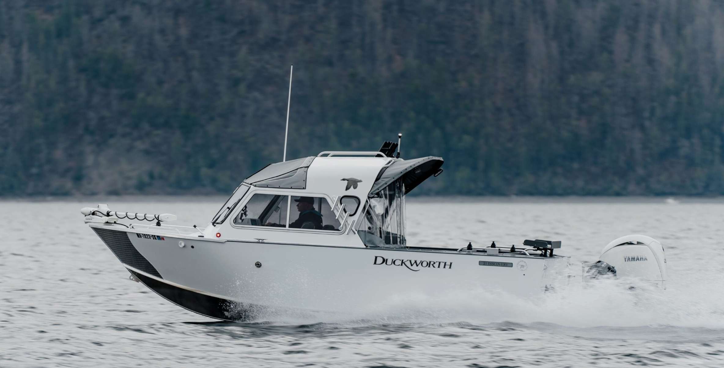 Duckworth fishing boat running at speed through Southeast Alaska waters